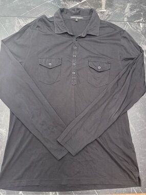 Robert Barakett Black Long Sleeve Polo Shirt Large Chest Pockets Mens EUC Soft